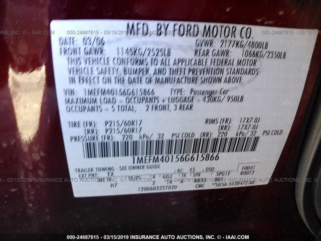 1MEFM40156G615866 - 2006 MERCURY MONTEGO LUXURY MAROON photo 9