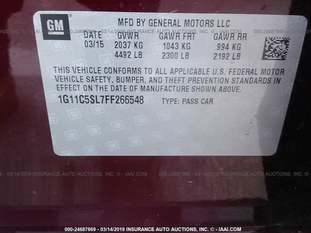 1G11C5SL7FF266548 - 2015 CHEVROLET MALIBU 1LT RED photo 9