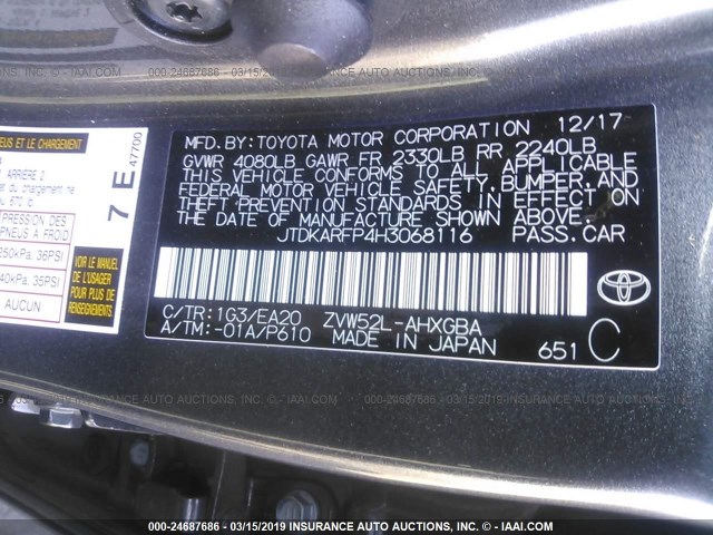 JTDKARFP4H3068116 - 2017 TOYOTA PRIUS PRIME  GRAY photo 9