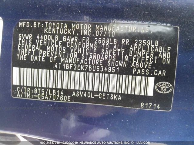 4T1BF3EK7BU634951 - 2011 TOYOTA CAMRY SE/LE/XLE BLUE photo 9