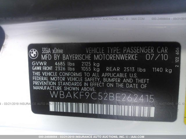 WBAKF9C52BE262415 - 2011 BMW 335 XI WHITE photo 9