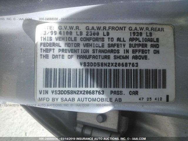 YS3DD58N2X2068763 - 1999 SAAB 9-3 S GRAY photo 9