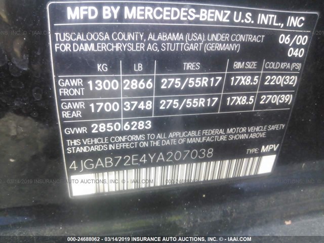 4JGAB72E4YA207038 - 2000 MERCEDES-BENZ ML 430 BLACK photo 9