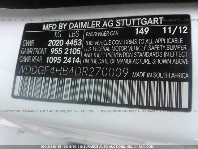 WDDGF4HB4DR270009 - 2013 MERCEDES-BENZ C 250 WHITE photo 9