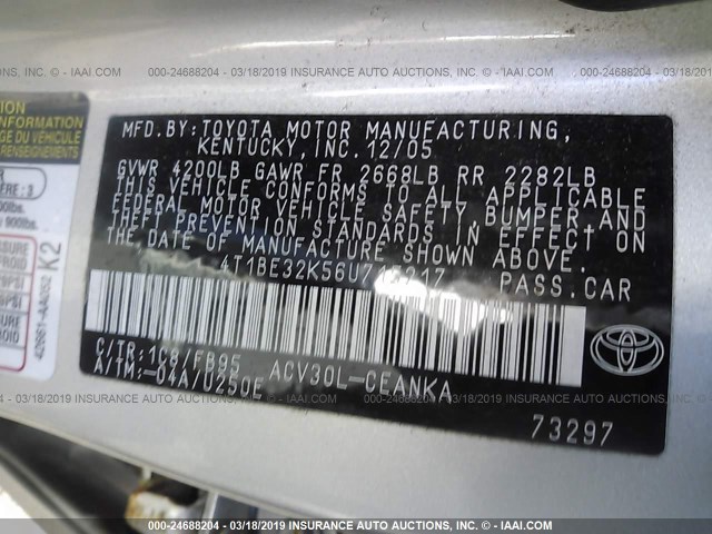 4T1BE32K56U715217 - 2006 TOYOTA CAMRY LE/XLE/SE SILVER photo 9