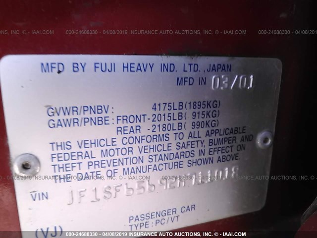 JF1SF65692H711018 - 2002 SUBARU FORESTER S წითელი ფოტო 9