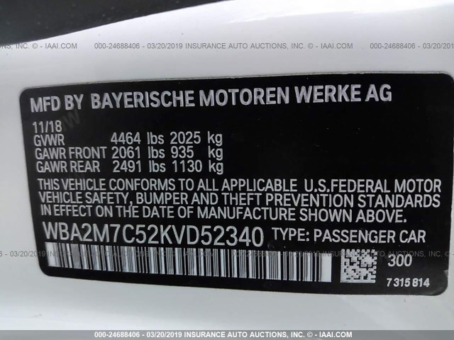 WBA2M7C52KVD52340 - 2019 BMW 230I WHITE photo 9