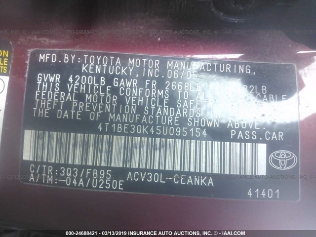 4T1BE30K45U095154 - 2005 TOYOTA CAMRY LE/XLE/SE RED photo 9