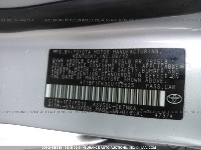 4T1BF1FK3CU122625 - 2012 TOYOTA CAMRY SE/LE/XLE SILVER photo 9