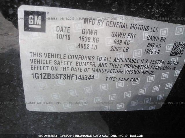 1G1ZB5ST3HF148344 - 2017 CHEVROLET MALIBU LS BLACK photo 9