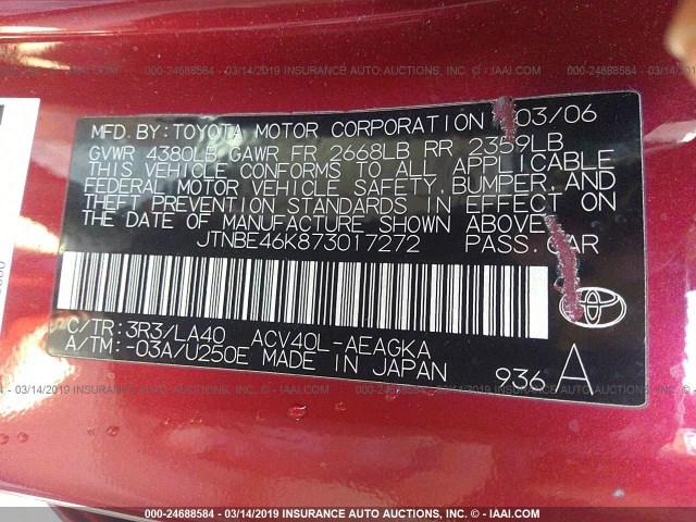 JTNBE46K873017272 - 2007 TOYOTA CAMRY NEW GENERAT CE/LE/XLE/SE RED photo 9