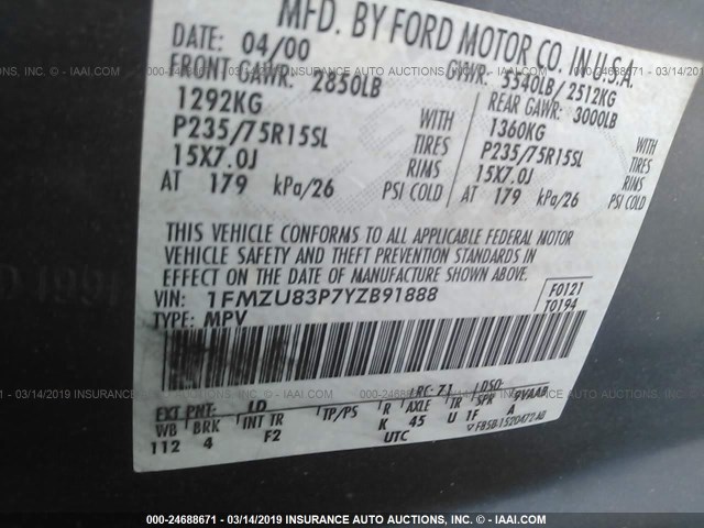 1FMZU83P7YZB91888 - 2000 FORD EXPLORER XLT BLUE photo 9