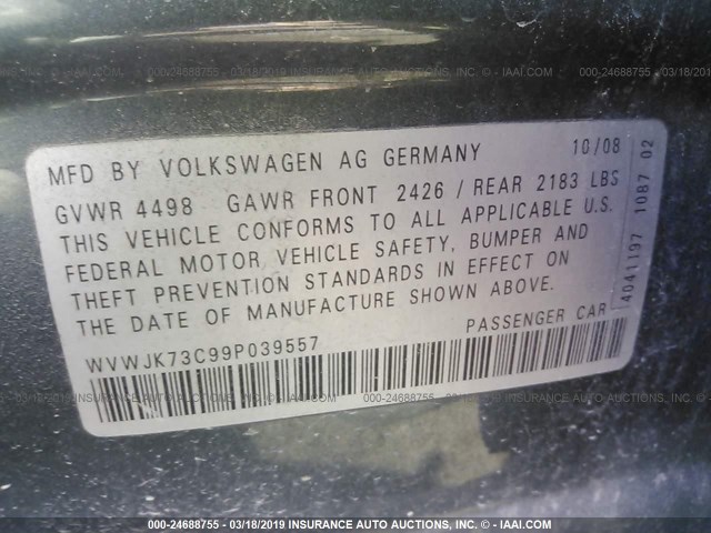 WVWJK73C99P039557 - 2009 VOLKSWAGEN PASSAT TURBO GRAY photo 9