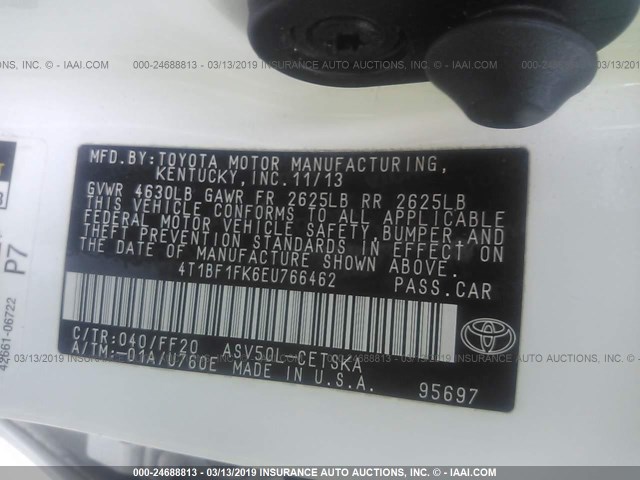 4T1BF1FK6EU766462 - 2014 TOYOTA CAMRY L/SE/LE/XLE 白色 照片 9