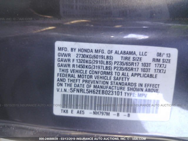 5FNRL5H62EB023101 - 2014 HONDA ODYSSEY EXL GRAY photo 9