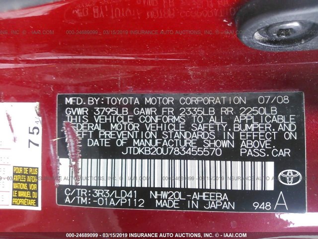 JTDKB20U783455570 - 2008 TOYOTA PRIUS RED photo 9