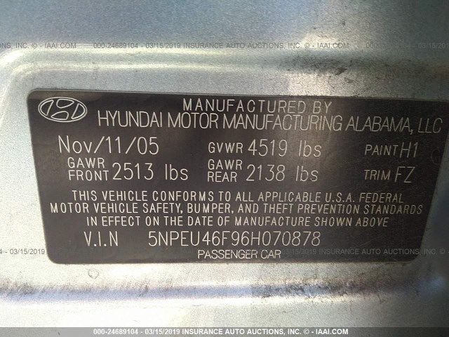 5NPEU46F96H070878 - 2006 HYUNDAI SONATA GLS/LX Light Blue photo 9