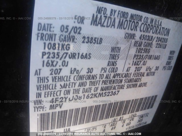 4F2YU08162KM52367 - 2002 MAZDA TRIBUTE LX/ES 黑色 照片 9