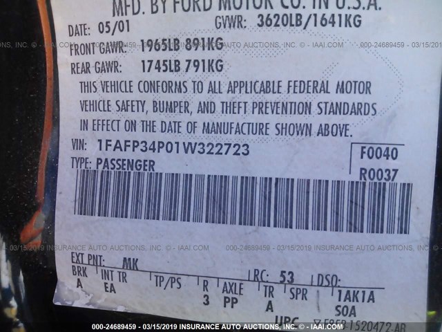 1FAFP34P01W322723 - 2001 FORD FOCUS SE/SE COMFORT BLUE photo 9