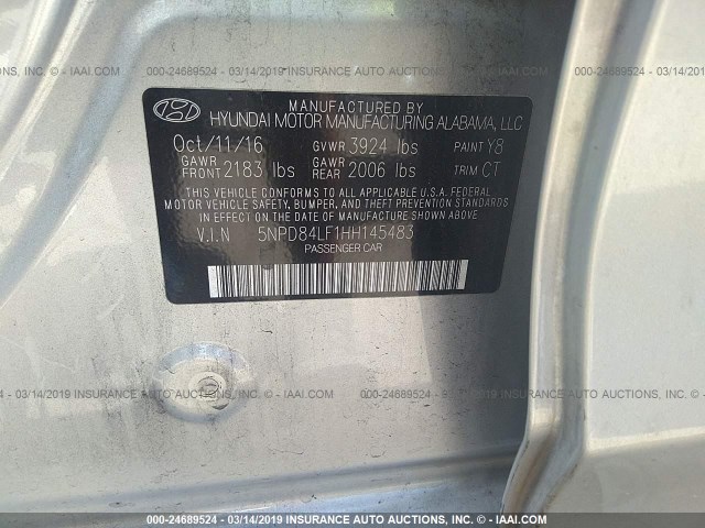 5NPD84LF1HH145483 - 2017 HYUNDAI ELANTRA SE/VALUE/LIMITED SILVER photo 9