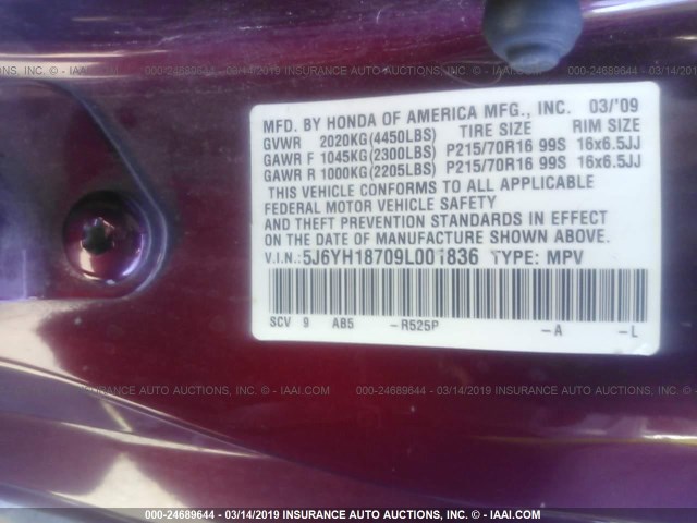 5J6YH18709L001836 - 2009 HONDA ELEMENT EX RED photo 9