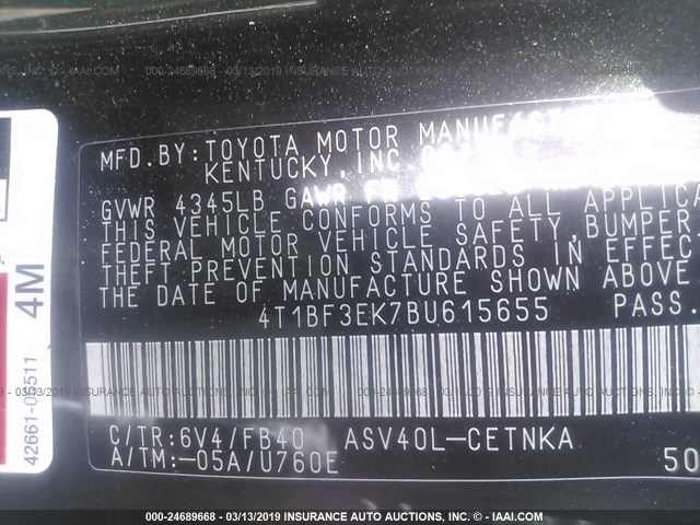 4T1BF3EK7BU615655 - 2011 TOYOTA CAMRY SE/LE/XLE 绿色 照片 9