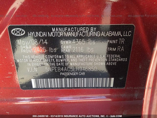 5NPEB4AC5EH946850 - 2014 HYUNDAI SONATA GLS RED photo 9