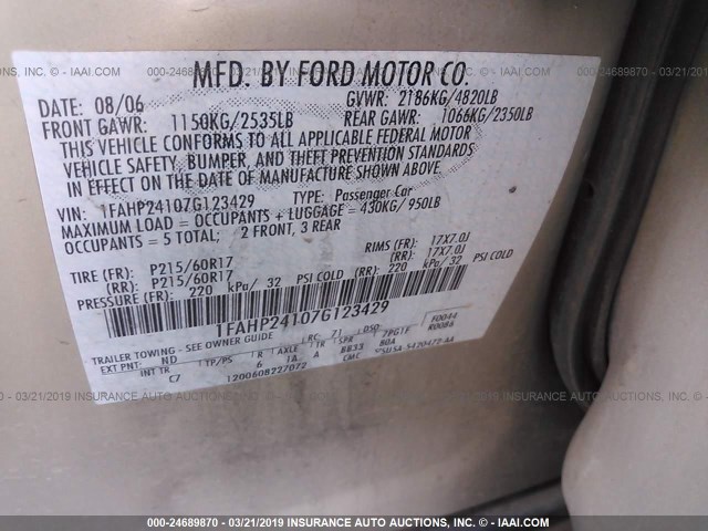 1FAHP24107G123429 - 2007 FORD FIVE HUNDRED SEL GOLD photo 9