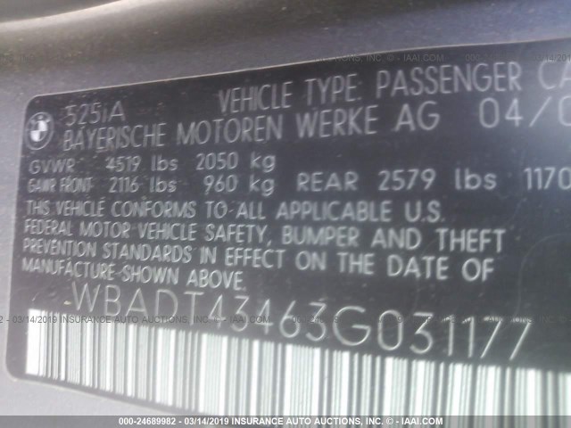 WBADT43463G031177 - 2003 BMW 525 I AUTOMATIC GRAY photo 9