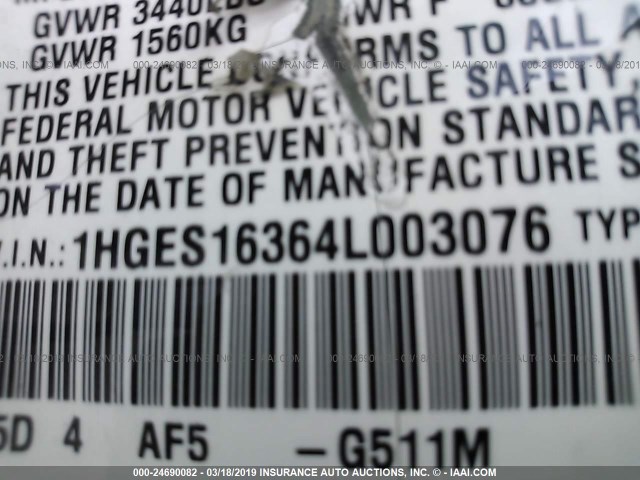 1HGES16364L003076 - 2004 HONDA CIVIC DX VP Yaşıl foto 9