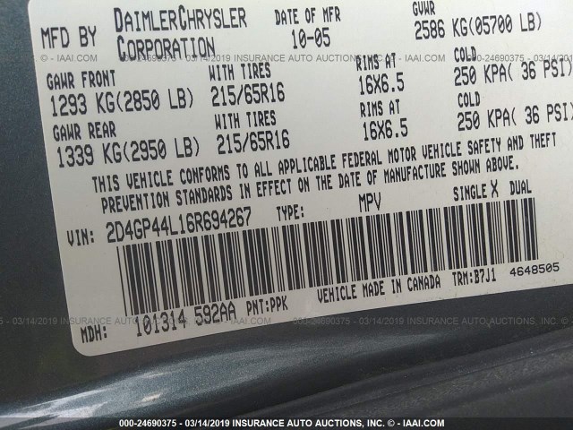 2D4GP44L16R694267 - 2006 DODGE GRAND CARAVAN SXT BLUE photo 9