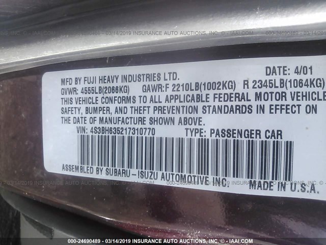 4S3BH635217310770 - 2001 SUBARU LEGACY L MAROON photo 9