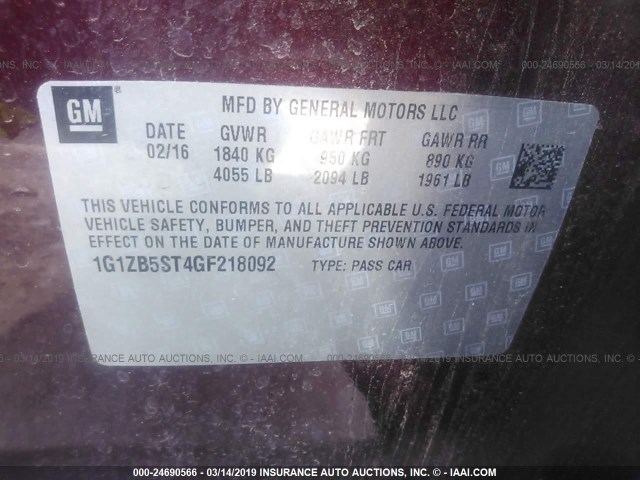 1G1ZB5ST4GF218092 - 2016 CHEVROLET MALIBU LS RED photo 9