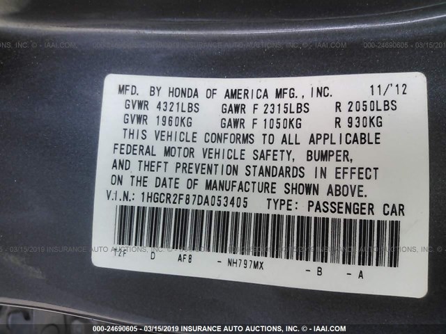 1HGCR2F87DA053405 - 2013 HONDA ACCORD GRAY photo 9