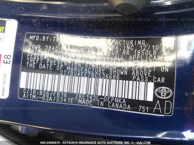 2T1BU4EE7BC536686 - 2011 TOYOTA COROLLA S/LE BLUE photo 9