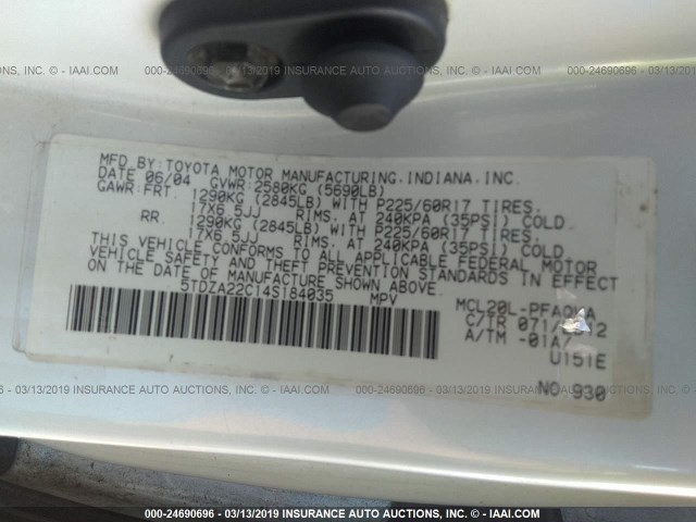 5TDZA22C14S184035 - 2004 TOYOTA SIENNA XLE/XLE LIMITED WHITE photo 9