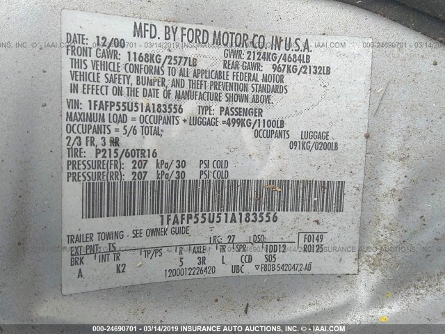 1FAFP55U51A183556 - 2001 FORD TAURUS SES SILVER photo 9