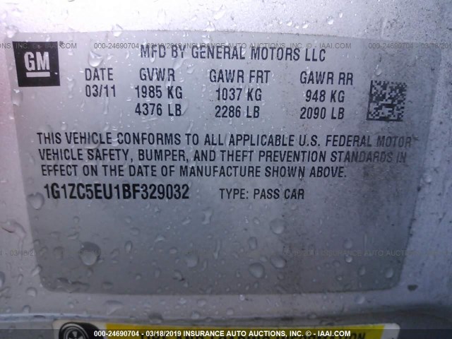 1G1ZC5EU1BF329032 - 2011 CHEVROLET MALIBU 1LT 银色 照片 9