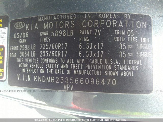 KNDMB233566096470 - 2006 KIA SEDONA EX/LX BLUE photo 9