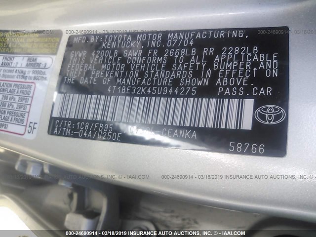 4T1BE32K45U944275 - 2005 TOYOTA CAMRY LE/XLE/SE SILVER photo 9