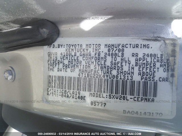 4T1BG22K4YU001313 - 2000 TOYOTA CAMRY CE/LE/XLE SILVER photo 9