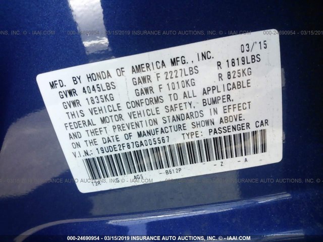 19UDE2F87GA005567 - 2016 ACURA ILX PREMIUM STYLE/TECH STYLE BLUE photo 9