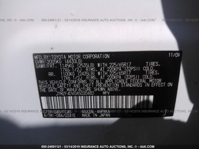 JTMZF4DV0A5020482 - 2010 TOYOTA RAV4 WHITE photo 9