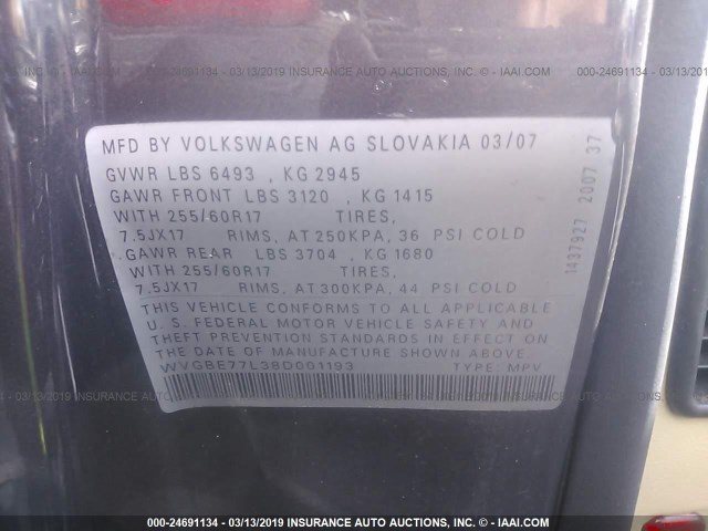 WVGBE77L38D001193 - 2008 VOLKSWAGEN TOUAREG 2 V6 GRAY photo 9