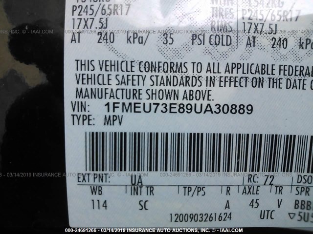 1FMEU73E89UA30889 - 2009 FORD EXPLORER XLT BLACK photo 9