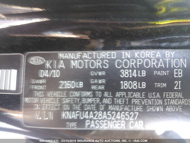 KNAFU4A28A5246527 - 2010 KIA FORTE EX BLACK photo 9