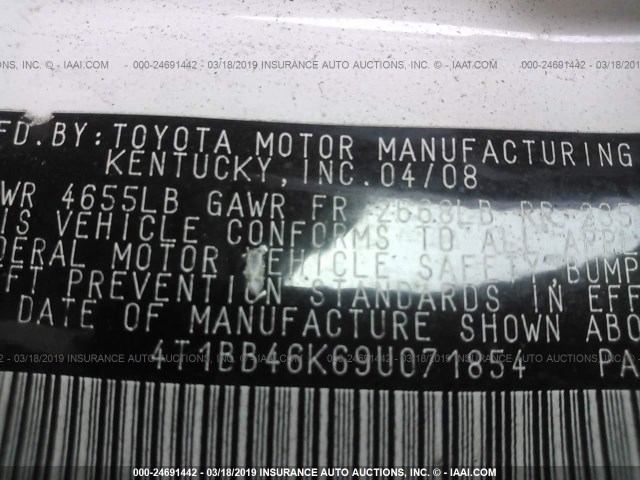 4T1BB46K69U071854 - 2009 TOYOTA CAMRY HYBRID WHITE photo 9