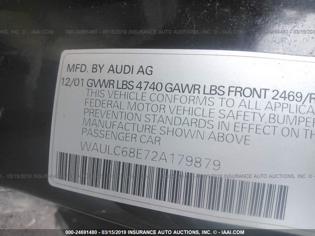 WAULC68E72A179879 - 2002 AUDI A4 1.8T QUATTRO BLACK photo 9