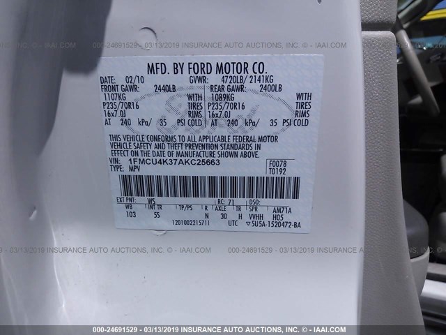 1FMCU4K37AKC25663 - 2010 FORD ESCAPE HYBRID WHITE photo 9