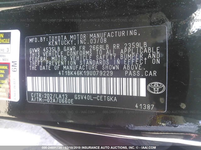 4T1BK46K19U079229 - 2009 TOYOTA CAMRY SE/LE/XLE BLACK photo 9